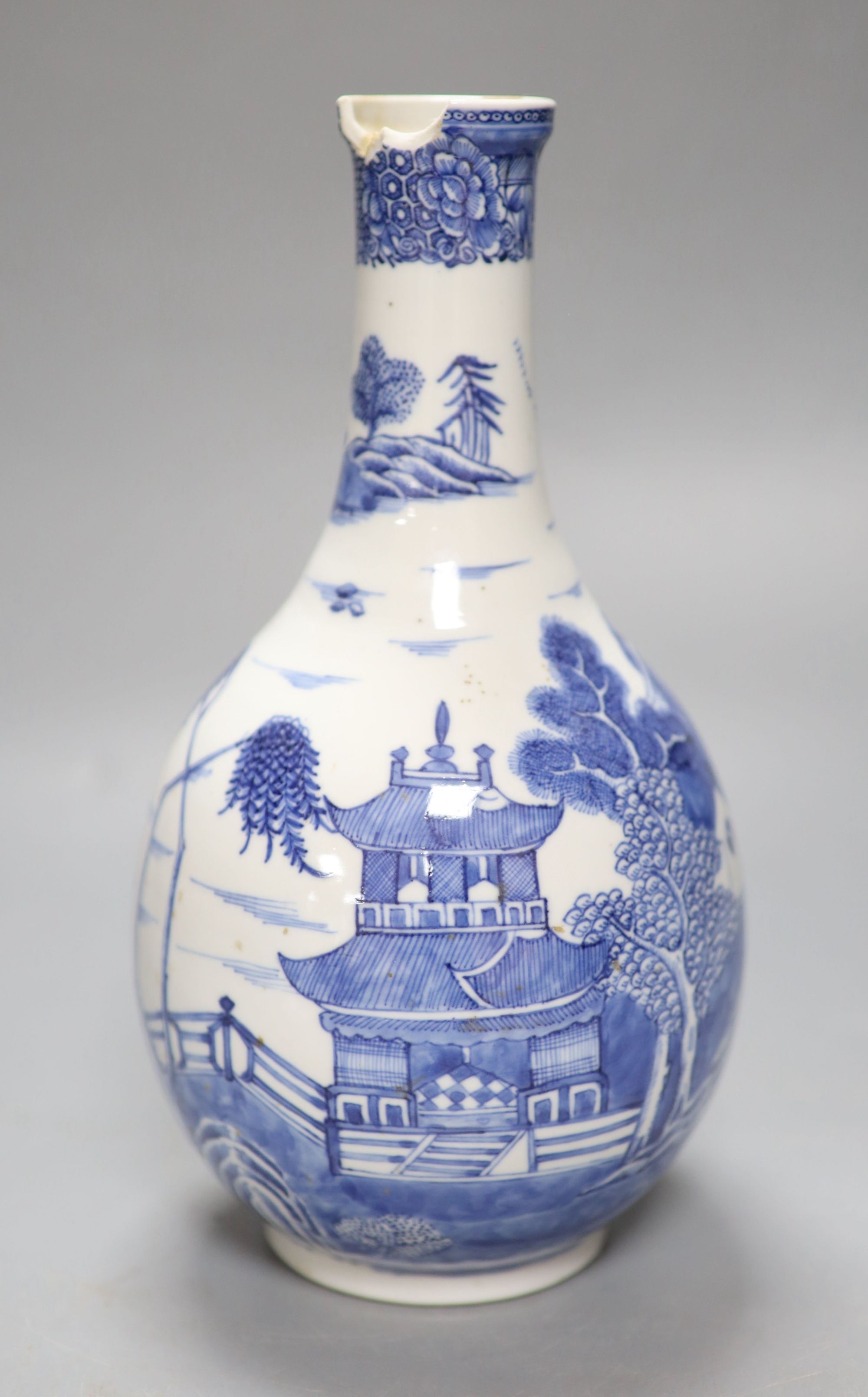 An 18th century Chinese blue and white guglet, once mounted as a lamp, height 25.5cm (drill hole to base)